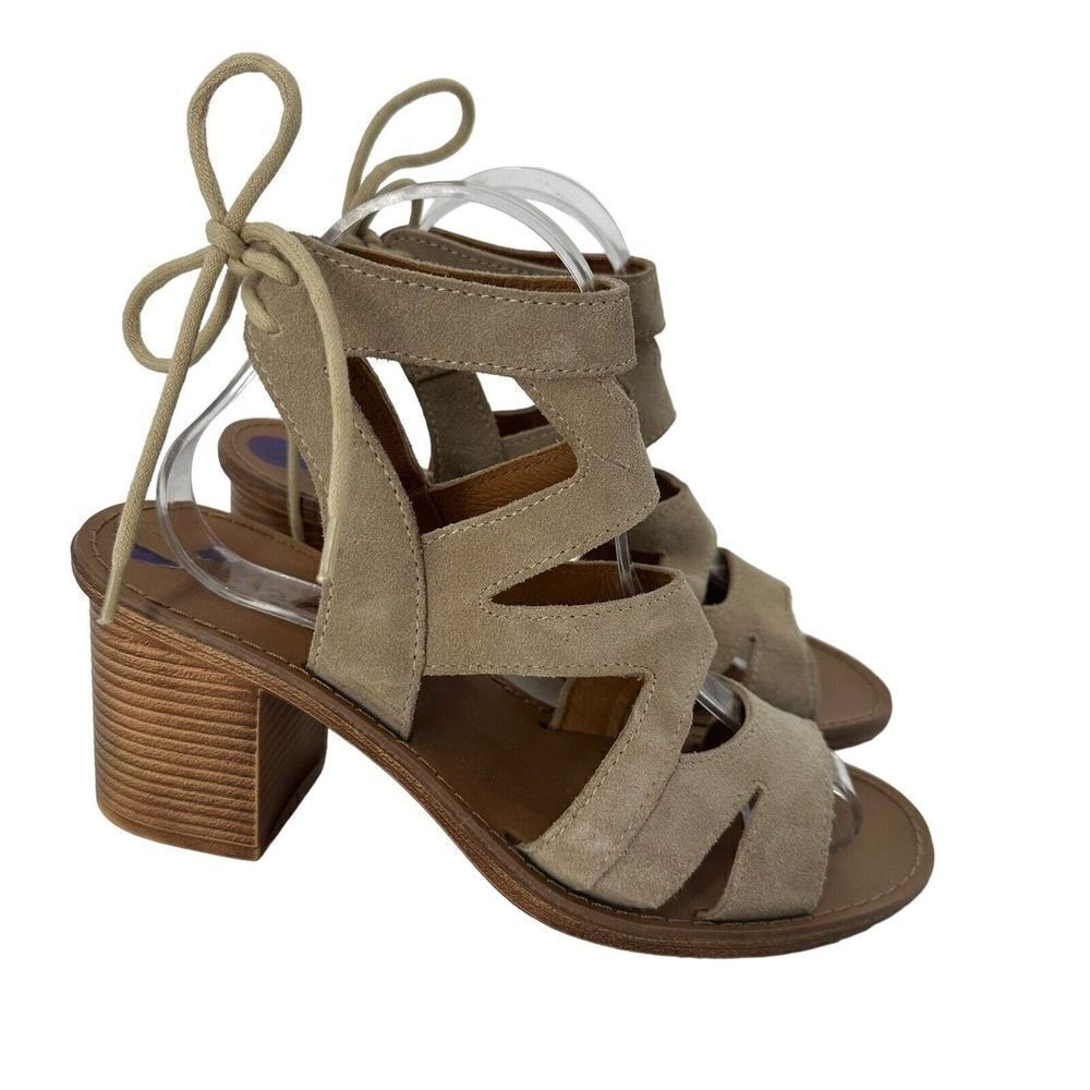 Mariella Sandals Block Heel Tan Leather Strappy Bohemian 8.5 Ankle Strap Shootie